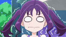 a girl with purple hair is making a funny face with her eyes closed
