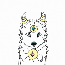 a drawing of a white wolf with horns and a diamond in its eye .