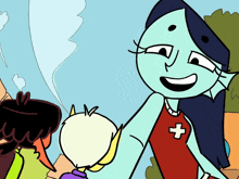 a cartoon character wearing a red tank top with a cross on it is smiling