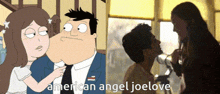 a couple of cartoon characters next to one another with the words american angel joelove at the bottom