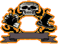 a pixel art illustration of a skull and a ribbon