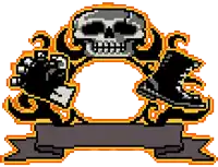 a pixel art illustration of a skull and a ribbon
