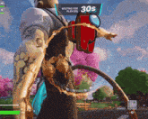 a video game screen shows a red among us character and says waiting for players 30s