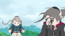 two anime characters are standing next to each other and one has a scarf around her neck