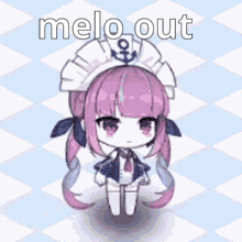 a little girl with purple hair is wearing a maid outfit and a hat .