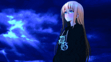 a girl with long blonde hair and blue eyes is wearing a black hoodie that says ' tokyo ghoul ' on it
