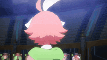 a girl with pink hair and white ears is standing in front of a table with cards on it including one that has the number 11 on it