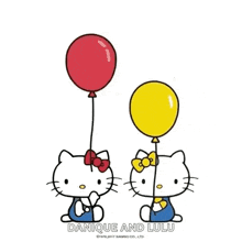 two hello kitty characters are holding balloons .