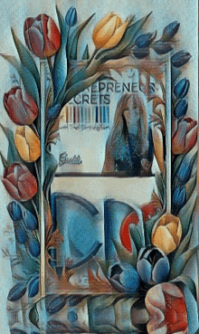 a framed painting of flowers with the word crets written on it