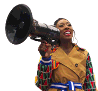 a woman in a trench coat is holding a megaphone in her hand