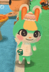 a green and white animal crossing character is standing next to a mushroom .