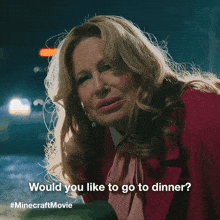 a woman in a pink jacket is asking if she would like to go to dinner