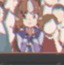 a pixel art of a girl sitting at a table in front of a crowd .