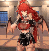 a girl with red hair and wings is wearing a choker and gloves