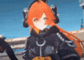 a girl with orange hair and a black jacket is holding a gun .