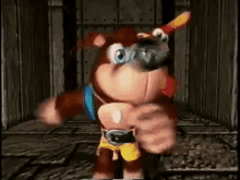 a cartoon bear is standing in a dark room with a sword in his mouth .