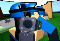 a cartoon character with a blue helmet and a camera