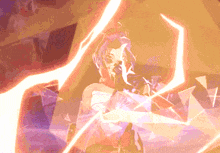 a woman with purple hair is surrounded by a purple lightning strike .