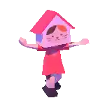 a girl with a cat house on her head is dancing .