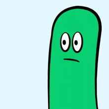 a green cartoon character with big eyes and a surprised face