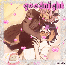 a picture of a girl kissing another girl with the words goodnight in pink letters