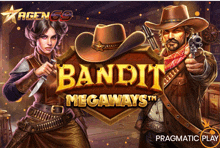 an advertisement for bandit megaways shows a man and woman holding guns