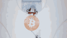 a hockey goalie is standing in front of a bitcoin sign