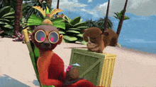 a cartoon monkey wearing sunglasses sits on a beach
