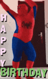 a man in a spiderman costume is dancing in front of a door with the words happy birthday behind him .