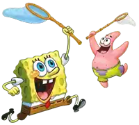 a cartoon of spongebob and patrick catching bubbles with nets
