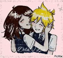 a drawing of a girl kissing a boy 's cheek with the words " dila love " written on the bottom