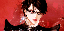 a woman wearing glasses and a necklace with a triangle on it