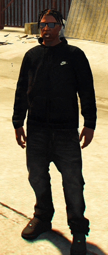 a man wearing sunglasses and a black nike sweatshirt