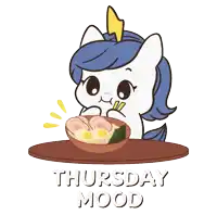a cartoon of a unicorn eating ramen with the words thursday mood below