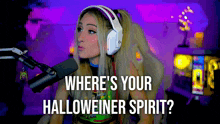 a woman wearing headphones stands in front of a microphone with the words " where 's your halloweiner spirit "