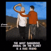 a cartoon of two men walking down a road with a snake around their neck .