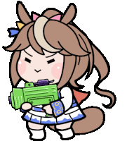 a cartoon drawing of a girl holding a green water gun .
