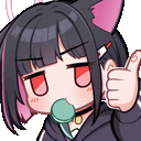 a cartoon girl with a cat ear is giving a thumbs up and eating a cookie .