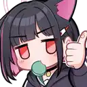 a cartoon girl with a cat ear is giving a thumbs up and eating a cookie .