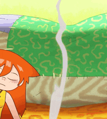 a cartoon drawing of a girl laying on a bed with a green blanket