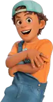 a cartoon boy wearing overalls and a blue hat is smiling