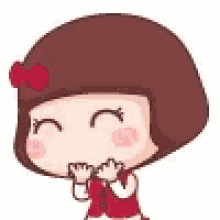 a cartoon girl with short brown hair and a red bow on her head is laughing .