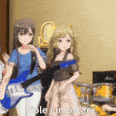 a group of anime girls are standing next to each other in a room . one of the girls is holding a guitar .