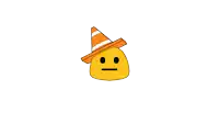 a yellow smiley face wearing an orange and white cone on its head