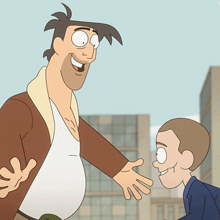 a cartoon of a man talking to a boy