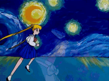 a drawing of a girl holding a sword in front of a starry sky