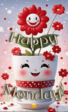 a happy monday greeting card with a flower in a pot