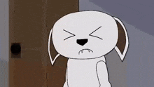 a cartoon dog is standing in front of a door and a bookshelf in a room .
