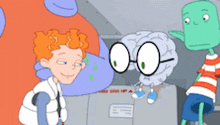 a cartoon character with glasses is standing next to a brain