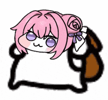 a cartoon of a girl with pink hair and purple eyes laying on a pillow .